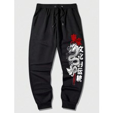 Adrift Anime Guys Japanese Letter & Dragon Graphic Drawstring Eşofman Altı