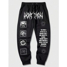 Adrift Goth Guys Slogan & Skull & Spider Graphic Drawstring Waist Eşofman Altı