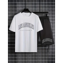 StartMore Erkek Beyaz''los Angeles Baskılı'' Basic Oversize T-Shirt- Şort Takım STRUP0000000000015