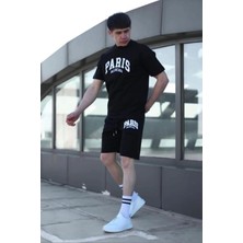 Erkek Alt-Üst Tshirt-Şort Kombini Paris Baskılı Pamuklu Oversize Takım