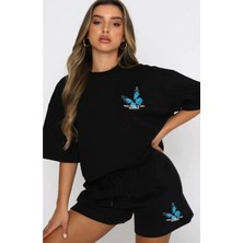 Kadın Alt Üst Siyah Kelebek Baskılı Şort Tshirt Kombini