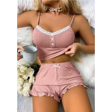 Intive Lingerie Kadın Pudra Dantel Detaylı Şortlu Gecelik Pijama Takımı 5015