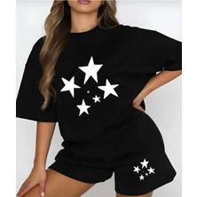 StartMore Kadın Siyah 'göğüs Yıldız Baskılı''oversize Şort- T-Shirt Takım STRUP0000000000050