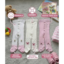 Senihan Kız Bebek Çocuk 3'lü Pamuklu Esnek Külotlu Çorap Seti + Hediye Toka Seti