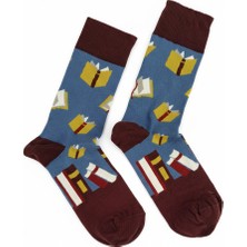 Eminence %100 Pamuk Kitap Desenli Kadın/Erkek Uzun Çorap - Mavi Kitaplık Figürlü Tasarım Çorap