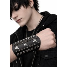 Metal Giyim Piramit Spike Kurukafa Detaylı Bileklik