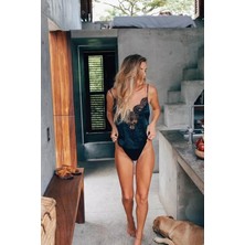 Intive Lingerie Kadın Siyah Saten Dantel Işlemli Tulum Gecelik