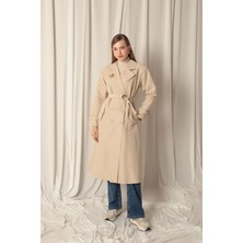 End Black Store Torino Kumaş Broşlu Maxi Boy Taş Kadın Trençkot