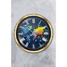 Kasva Concept Hediyelik 40 cm Gold Metal Renk Dünya Haritası Duvar Saati