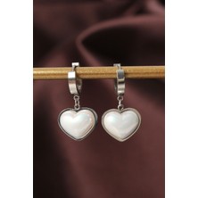 Asel Aksesuarcı 316L Çelik Gümüş Renk Beyaz Bombeli Kalp Küpe