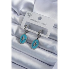 Asel Aksesuarcı 316L Çelik Gümüş Renk Oval Mavi Taşlı Yılan Figür Kadın Küpe