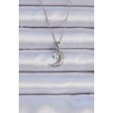 Asel Aksesuarcı 316L Çelik Zincir Gümüş Renk Zirkon Taşlı Sallantılı Ay Yıldız Kolye