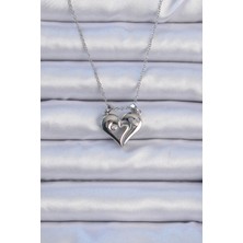 Asel Aksesuarcı 316L Çelik Zincir Gümüş Renk Zirkon Taşlı Mıknatıslı Kalp Kolye