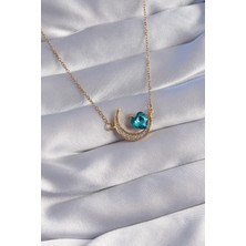 Asel Aksesuarcı 316L Çelik Zincir Gold Renk Mavi Zirkon Taşlı Ay Tasarımlı Kolye