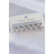 Asel Aksesuarcı Pirinç Gümüş Renk Minimal Tırtıklı Küpe Seti