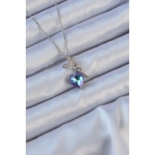 Asel Aksesuarcı 316L Çelik Zincir Gümüş Renk Mor Mavi Renk Zirkon Taşlı Kalp Detay Peri Kolye