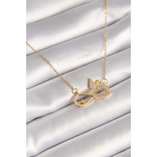 Asel Aksesuarcı 316L Çelik Gold Renk Zirkon Zincir Taşı Sonsuzluk Kelebek Model Kadın Kolye
