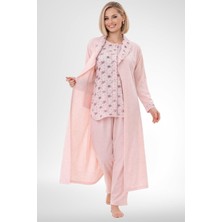 Mecit Pijama Mecit 6317 Pudra Kadın Büyük Beden Boydan Düğmeli Sabahlıklı Pijama Takımı