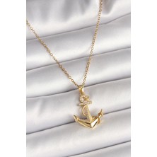 Asel Aksesuarcı 316L Çelik Gold Renk Zincir Zirkon Taş Detaylı Çapa Model Kadın Kolye