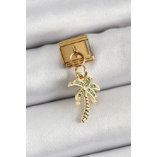 Asel Aksesuarcı 316L Çelik Sallantılı Zirkon Taşlı Palmiye Ağacı Model Gold Renk Nomination Charm