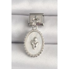 Asel Aksesuarcı 316L Çelik Gümüş Renk Beyaz Mineli Çiçek Işlemeli Nomination Charm