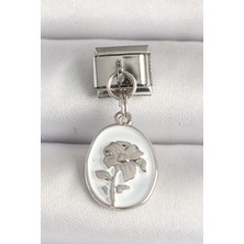 Asel Aksesuarcı 316L Çelik Gümüş Renk Çiçek Işlemeli Beyaz Portre Model Nomination Charm