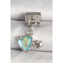 Asel Aksesuarcı 316L Çelik Gümüş Renk Mavi Mineli Kalp Model Nomination Charm