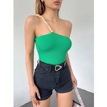 End Black Store Ahşap Boncuk Detaylı Askılı Triko Kadın Bluz Yeşil DF2303