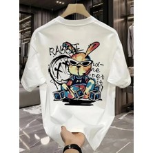 ModaSize Baskılı Oversize Bisiklet Yaka T-Shirt - Beyaz