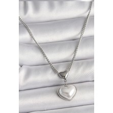 Asel Aksesuarcı 316L Çelik Gümüş Renk Zincir 3D Kalp Model Kadın Kolye