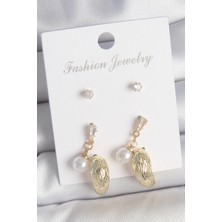 Asel Aksesuarcı Pirinç Gold Renk Zirkon Taşlı Incili Sallantılı Işlemeli Damla Model 3 Çift Kadın Küpe Seti