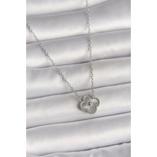 Asel Aksesuarcı 316L Çelik Gümüş Renk Işleme Detaylı Yonca Model Kadın Kolye