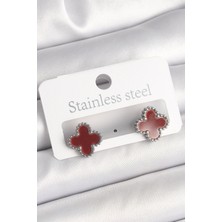 Asel Aksesuarcı Pirinç Gümüş Renk Bordo Yonca Model Kadın Küpe