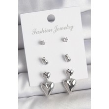 Asel Aksesuarcı Pirinç Gümüş Renk Zirkon Taşlı Sallantılı Kalp Model 3 Çift Kadın Küpe Seti