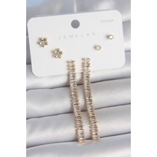 Asel Aksesuarcı Pirinç Gold Renk Su Yolu Zirkon Taşlı Sallantı Model Çiçek Detay 925 Ayar Gümüş Çivi Kadın Küpe Seti