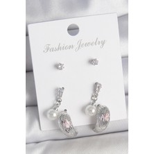 Asel Aksesuarcı Pirinç Gümüş Renk Sallantılı Zirkon Taşlı Damla Model 3 Çift Kadın Küpe Seti