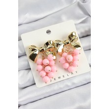 Asel Aksesuarcı Pirinç Sallantılı Pembe Boncuklu Fiyonk Vintage Model Gold Renk Kadın Küpe