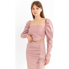 End Black Store Deri Kumaş Straplez Kalp Yaka Fermuar Detaylı Kadın Crop Pudra