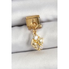 Asel Aksesuarcı 316L Çelik Sallantılı Zirkon Taşlı Deniz Kabuğu ve Yıldız Model Gold Renk Nomination Charm