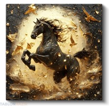 Tablonhazır Kare Kanvas Tablo Salon Tablosu Ev Dekorasyon Özel Tasarım Siyah Altın At