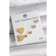 Asel Aksesuarcı 316L Çelik Gold Renk Zirkon Taşlı Kalpli Kadın Küpe Seti