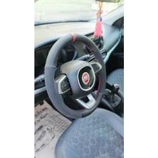 Hasbay Fıat Egea Deri Direksiyon Kılıfı ;karbon Nubuk Kırmızı Yüzük Kırmızı Ip