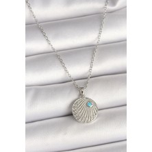 Asel Aksesuarcı 316L Çelik Gümüş Renk Zincir Zirkon Taşlı Mavi Taş Detaylı Madalyon Model Kadın Kolye