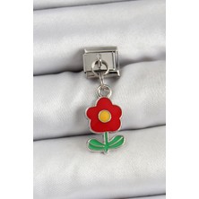 Asel Aksesuarcı 316L Çelik Sallantılı Kırmızı Papatya Model Gümüş Renk Nomination Charm