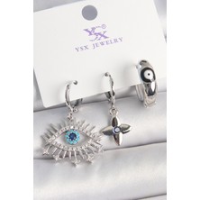 Asel Aksesuarcı Pirinç Gümüş Renk Zirkon Taşlı Göz Model Nazar Boncuk Detay 3'lü Kadın Kombin Küpe