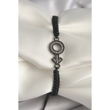 Asel Aksesuarcı Pirinç Füme Renk Zirkon Taşlı Venüs Mars Asansörlü Makrome Model Kadın Bileklik