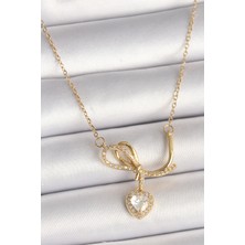 Asel Aksesuarcı 316L Çelik Gold Renk Zincir Zirkon Taşlı Düğüm Sallantı Kalp Model Kadın Kolye