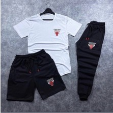 Adrift Chicago Baskılı Beyaz - Siyah Slim Fit 3’lü Takım ( Tişört - Şort - Eşofman Alt