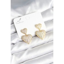 Asel Aksesuarcı Kalp Model Zirkon Taşlı Gold Renk Pirinç Kadın Küpe