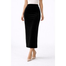 Kadıfe Belı Lastıklı Yırtmaclı Uzun Etek